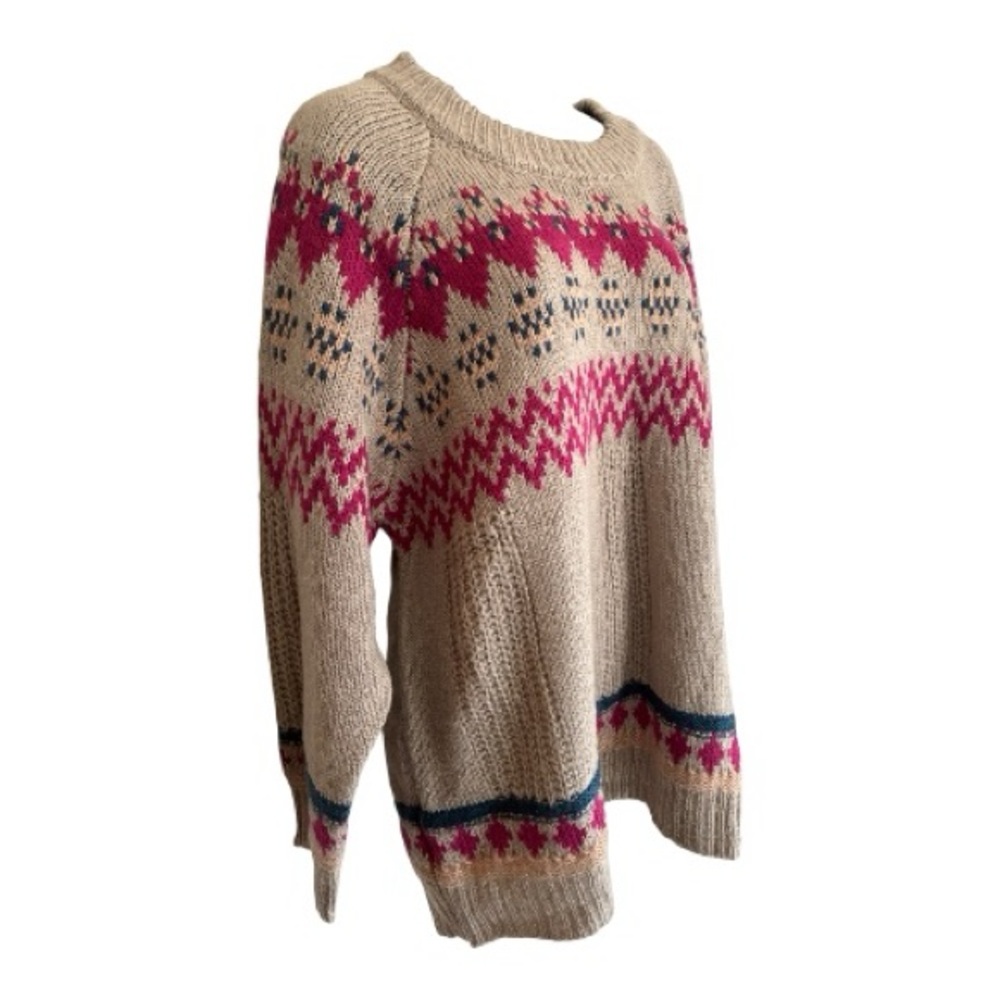 Gigio Oversized Mocha Fair Isle Knit Crewneck Sweater Size S - Picture 2 of 7